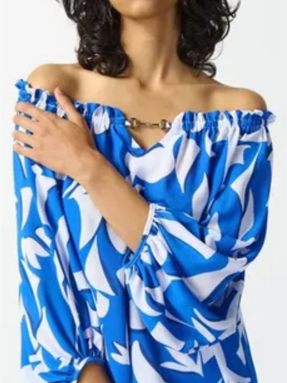 Joseph Ribkoff Blue and White Off-Shoulder Blouse